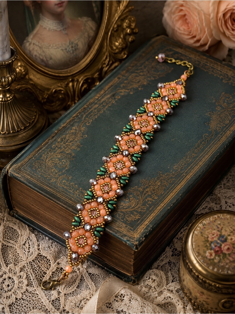 Hand Crafted Victorian Peach Flower Beaded Bracelet